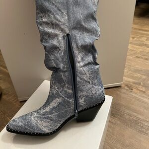 Silver Studded Denim blue and white cowgirl sloutch boots. Size 10